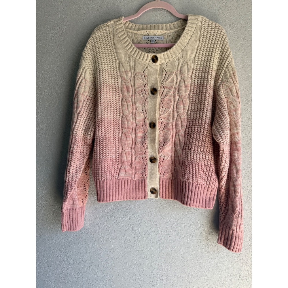 Celebrity Pink Ombre Cable Knit Cardigan Sweater Pink Cream XL
